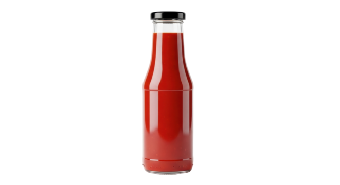 Isolated glass bottle filled with red sauce, condiment or tomato ketchup or marinade