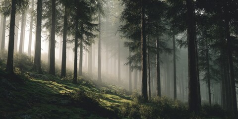 Misty Forest Landscape with Tall Trees and Soft Light Breaking Through Foggy Atmosphere