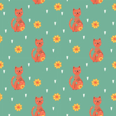 Fototapeta premium Bohemian cat floral pattern, cute folk art wallpaper, mid-century modern decorative fabric design