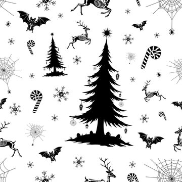 Gothic Christmas Seamless Pattern with Spooky Holiday Icons.
