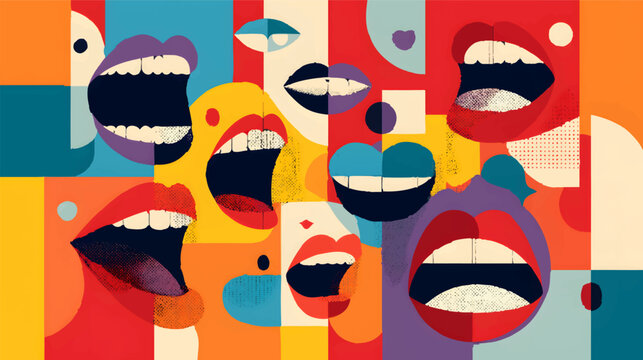 A vibrant abstract illustration featuring multiple stylized mouths in various colors and expressions, conveying emotions and communication