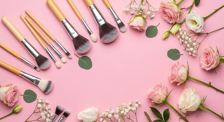 Makeup Brushes and Roses on Pink Background - Beauty and Cosmetics.