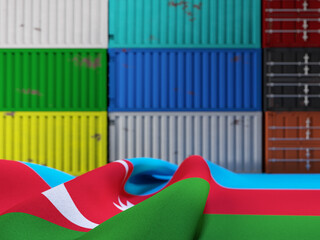 Wrinkled Flag of Azerbaijan in Front of Shipping Containers