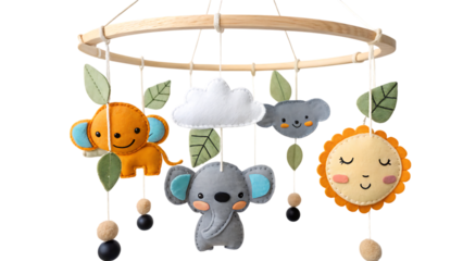 Charming felt baby mobile with elephant koala sun cloud and leaves, cutout, PNG isolated on white or transparent background
