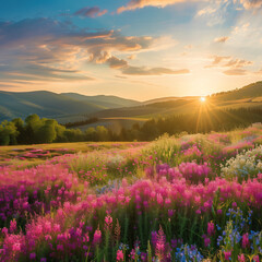 Fototapeta premium A vast field of flowers stretches as far as the eye can see, bursting with vibrant colors.