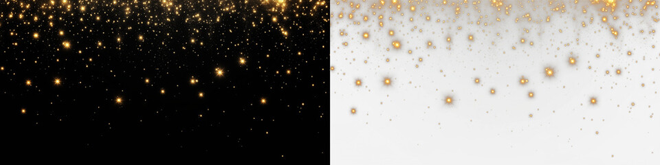 Golden glittering sparkles overlay on contrasting black and white backgrounds, creating a magical atmosphere for festive designs and celebrations with copy space