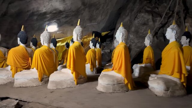 Reclining Budda cave sanctuary near Pran Kiri Khan Thailand. A deep cave with buddha relics and a long path on the southern coast of thailand. Wat Ao Noi is next to this temple cave