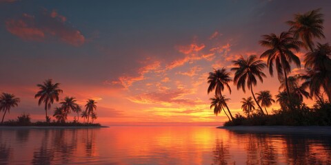 Obraz premium Breathtaking Sunset Over Palm Trees and Tranquil Waters with Vibrant Sky Colors in the Background