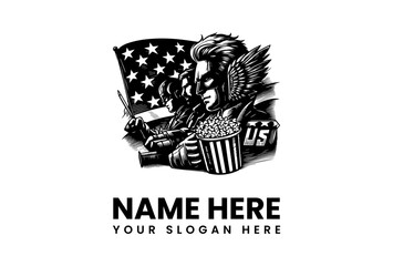 American Superhero Watching Movie with Popcorn and the US Flag