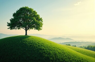 Fototapeta premium A solitary tree stands atop a lush green hill under a bright sky with distant mountains in the background