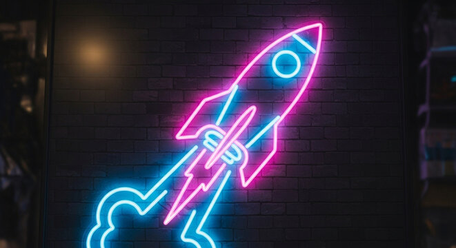 A vibrant neon sign of a rocket ship launching against a dark brick wall, symbolizing innovation, technology, and the spirit of entrepreneurship
