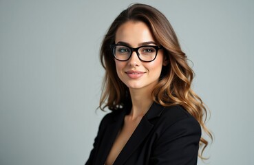 Fototapeta premium Confident woman with glasses smiling in professional attire on neutral background