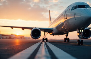 Obraz premium Commercial airplane parked on runway during sunset with a clear sky
