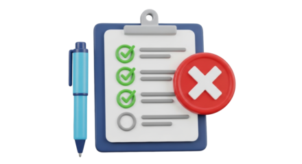 Isolated Checklist, Completed Tasks and Rejected with Pen, Business Workflow for Progress and Failure