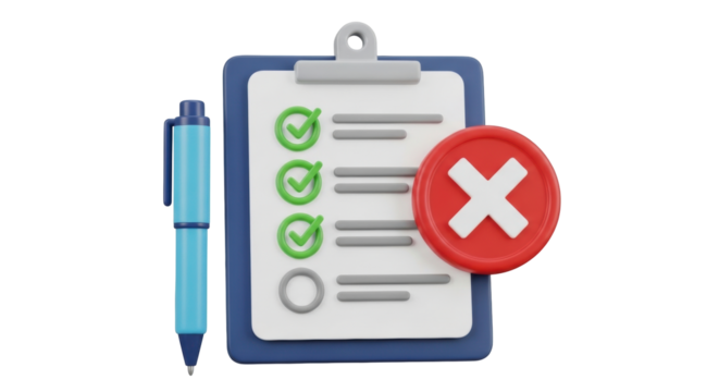 Isolated Checklist, Completed Tasks and Rejected with Pen, Business Workflow for Progress and Failure