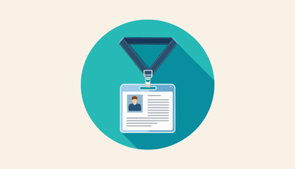 A flat design icon of an identification card or badge with a lanyard, featuring a placeholder photo and text, on a teal circle.