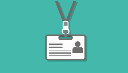 An illustration of a white identification card with a person icon and text lines, attached to a gray lanyard, set against a solid teal background.