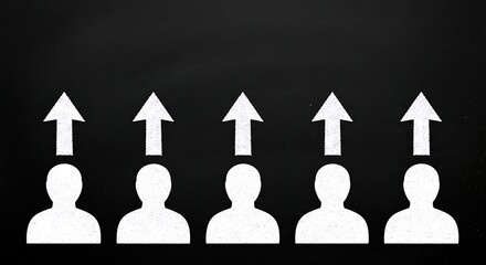 Five white silhouette figures stand in a row with white arrows pointing upwards from each head against a dark background symbolizing growth progress and success