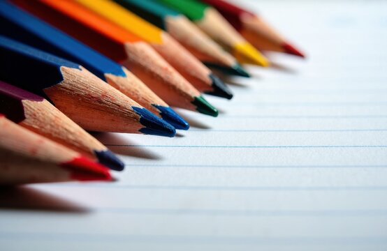 Colorful colored pencils arranged in a row on lined paper with space for writing