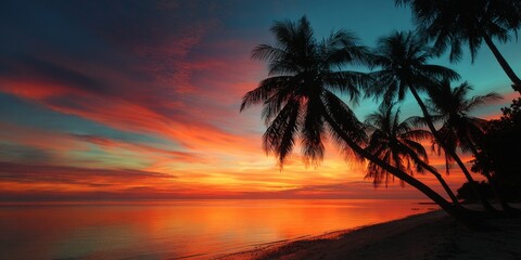 Vibrant Sunset Over Tropical Beach with Silhouetted Palm Trees Along Calm Waters and Colorful Sky in Paradise Setting
