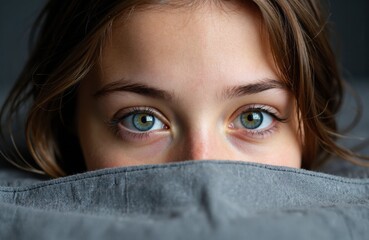 A close-up of a young woman with striking blue eyes peeking over a gray fabric surface