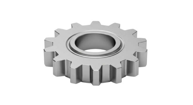 Isolated metal spur gear wheel mechanical machinery rotating parts object on solid background