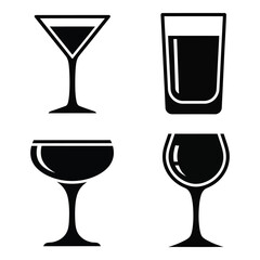 Diverse set of four silhouette drinkware icons featuring martini coupe goblet and tumbler glasses silhouette