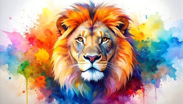 A majestic lion gazes forward, its mane and surroundings exploding with vibrant watercolor splashes of various hues