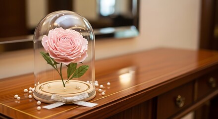 Preserved pink rose under glass dome on wooden table, with pearl decorations.