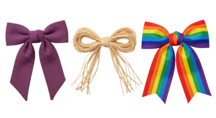 Isolated bows of purple canvas, raffia, and rainbow-striped grosgrain ribbon, tied on a knot center