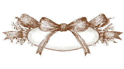 Vintage-style illustration of a pink and cream ribbon bow with floral corners.