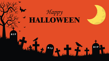 Scary Halloween Scene In A Graveyard With Dead Trees And The Moon As A Background