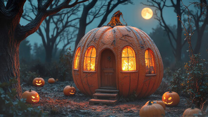 Haunted Pumpkin House With Glowing Windows Under Full Moon For Halloween Scene
