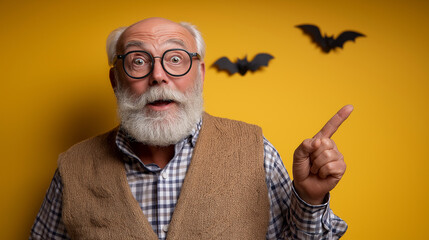 Senior man with a white beard and glasses showing a surprised expression and pointing upwards, celebrating halloween with decorative bats on a yellow background