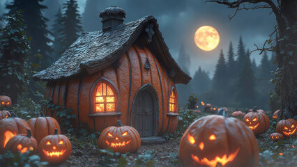 Whimsical Pumpkin House At Night With Glowing Windows In A Halloween Forest Scene Under Moonlight