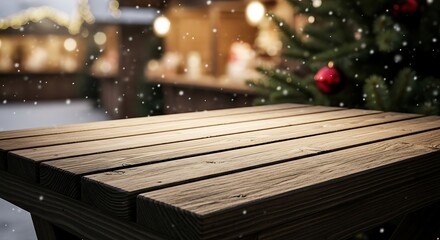 Empty wooden table with christmas tree and market in the background with snow