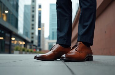 Fototapeta premium Businessman standing outdoors in formal shoes and dark trousers in an urban setting