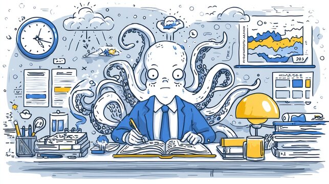 A stressed-out businessman, overwhelmed by work, sits at a cluttered desk with an octopus for a co-worker, illustrating the challenges of office life.