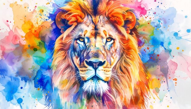 A majestic lion's face is rendered in a vibrant watercolor style, its mane a brilliant explosion of color against a white background