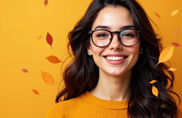 Woman smiling wearing glasses against a yellow background with falling autumn leaves