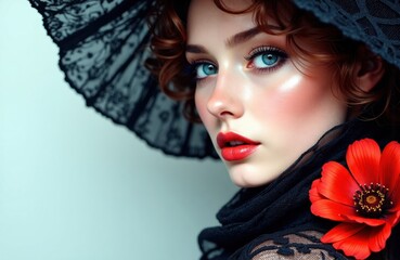 Fototapeta premium A woman with striking blue eyes and red lipstick wearing a black lace umbrella and scarf
