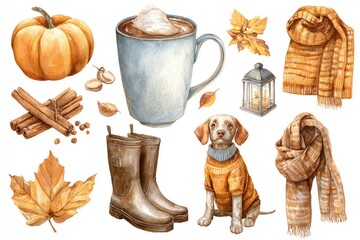 Autumn-themed illustration featuring cozy elements like pumpkin, hot drink, and warm clothing