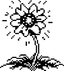 Fototapeta premium pixel art sunflower illustration with stem and soil retro digital flower icon, black and white vintage minimal design