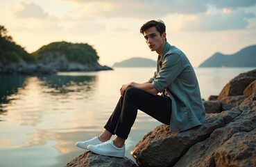 A young man sitting on rocks by a calm lake during sunset with mountains in the background