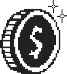 Obraz premium Pixel art coin with dollar sign retro 8 bit currency, digital economy, finance icon, isolated simple black and white