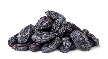 Pile of black raisins close-up on a white background. Isolated