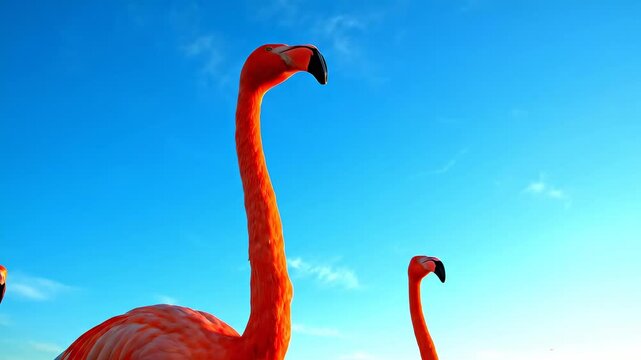 Flamingos standing tall against bright blue sky