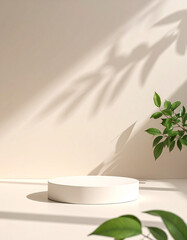 Podium, stand for advertising and product presentation background with plant and shadow on the wall