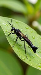 Black Ensign Wasp on Dew-Kissed Leaf - A Macro Shot.