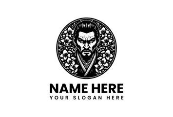 Intense Samurai Warrior Logo Featuring a Serene Floral Background, Ideal for a Martial Arts Brand
